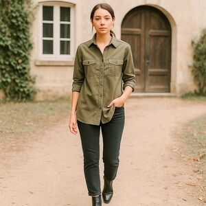 Club Monaco Womens Utility Cotton Military Button Down Shirt Olive Green Sz SP